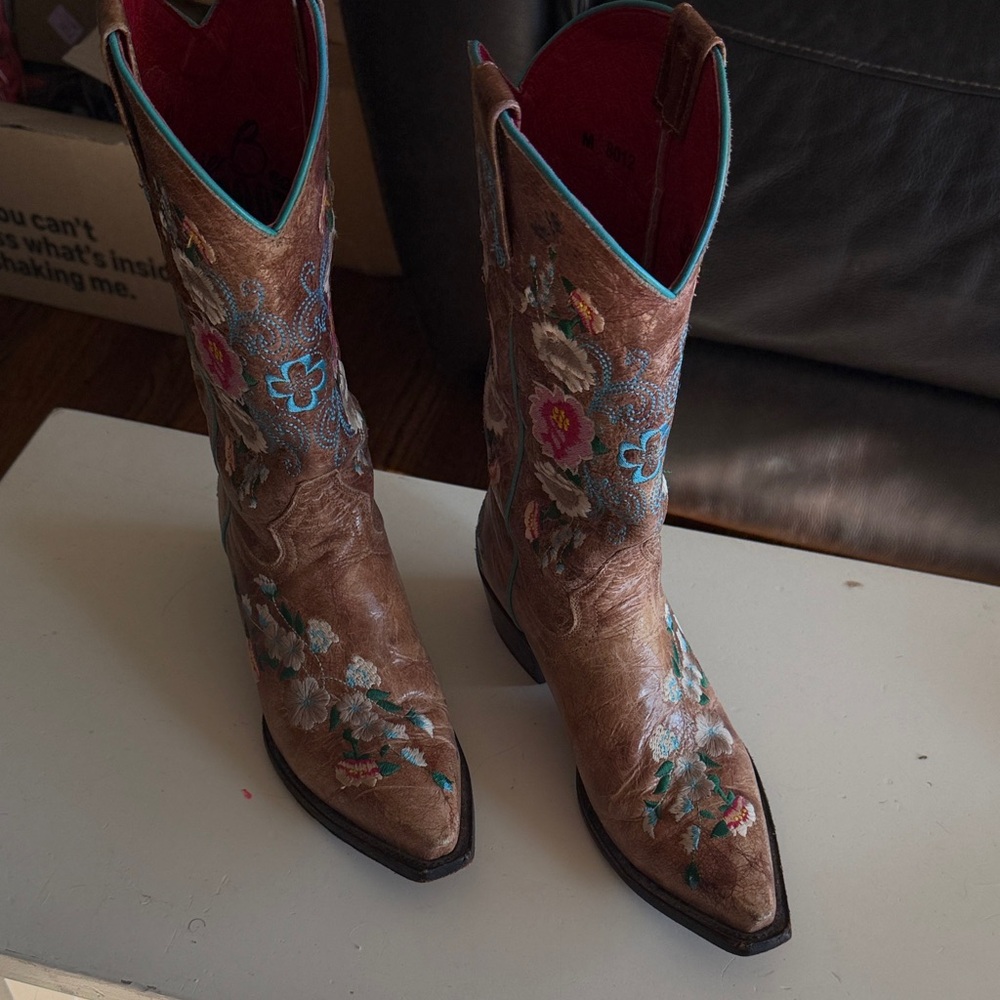 Macie Bean Floral Embroidered Brown Heeled Boots